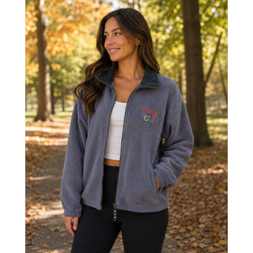 USA Olympics Fleece Jacket Women's Large Gray Full Zip Vintage Made In USA